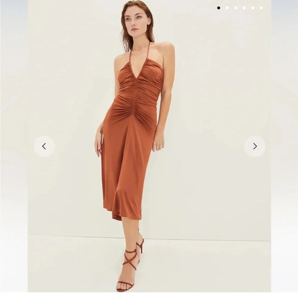 Veronica Beard Saskia satin ruched midi dress in golden brown - Picture 1 of 13